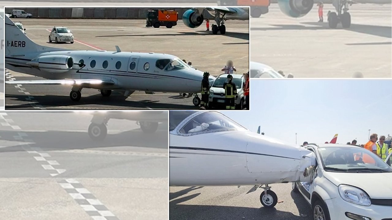 Güvenlik kamerası kaydetti! Havalimanında özel jet ile hizmet aracı çarpıştı