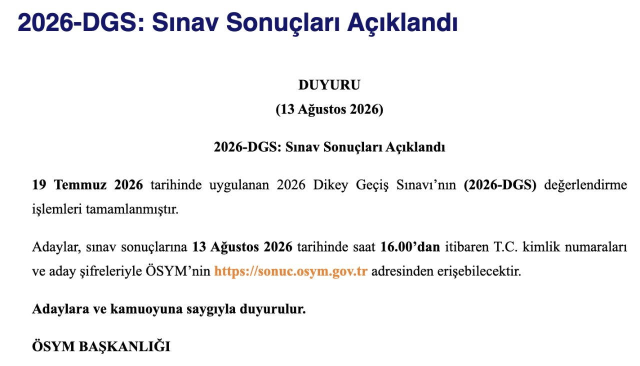 DGS sonuçları açıklandı! 2026 Dikey Geçiş Sınavı sonuç sorgulama ekranı