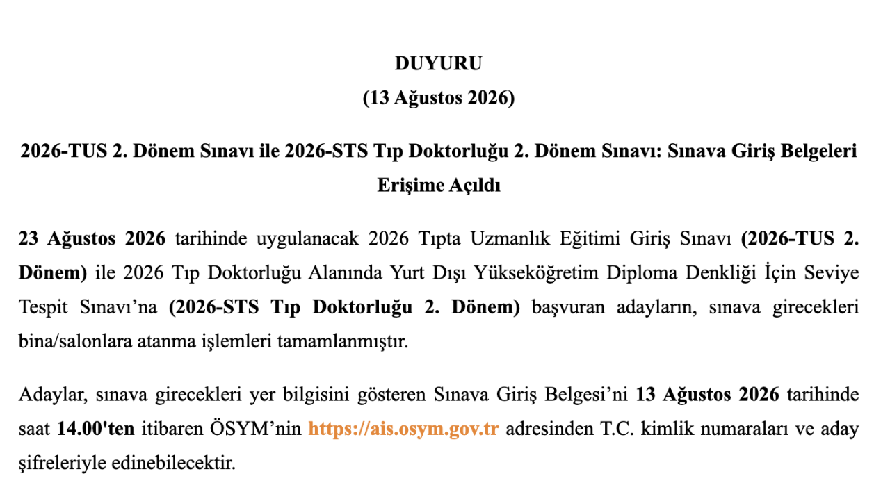 TUS ve STS sınav yerleri belli oldu! STS ve TUS 2. Dönem sınavı ne zaman, sonuçlar ne zaman açıklanacak?