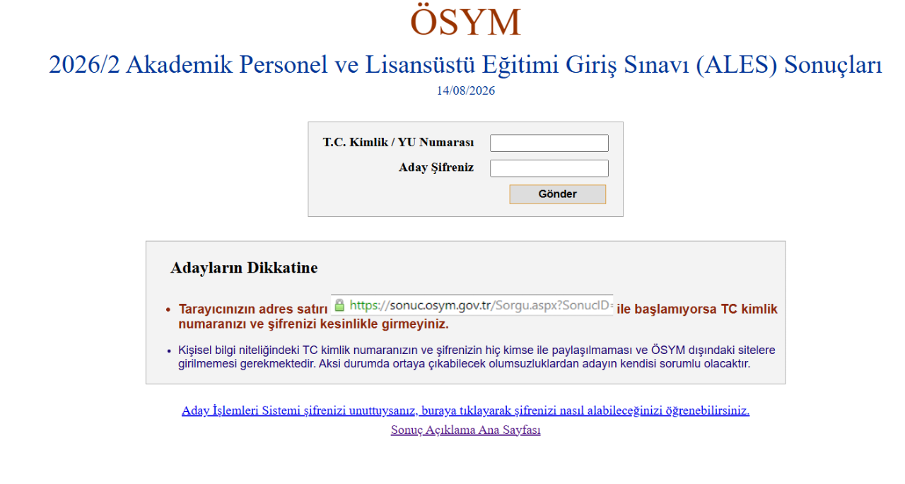 ALES/2 sonuçları açıklandı! ÖSYM 2026 ALES sınav sonucu sorgulama ekranı
