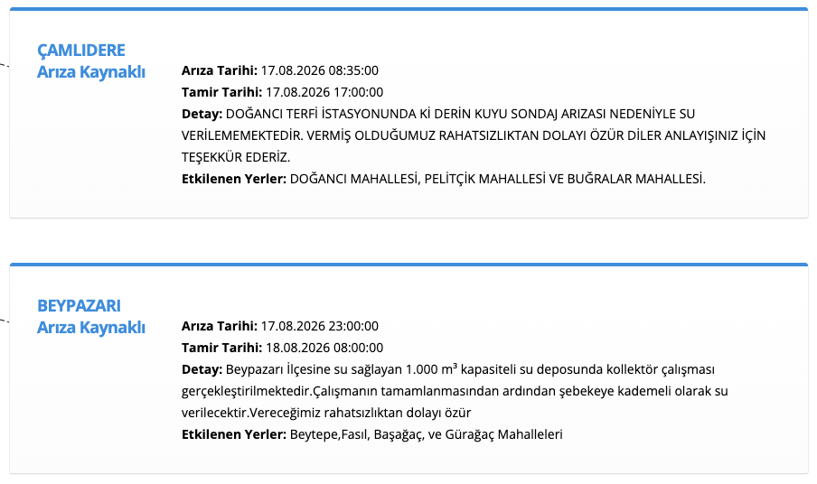 ASKİ su kesintisi 17 Ağustos! Ankara Çamlıdere, Beypazarı, Yenimahalle, Polatlı, Ayaş, Etimesgut su kesintisi listesi