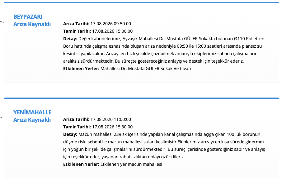 ASKİ su kesintisi 17 Ağustos! Ankara Çamlıdere, Beypazarı, Yenimahalle, Polatlı, Ayaş, Etimesgut su kesintisi listesi