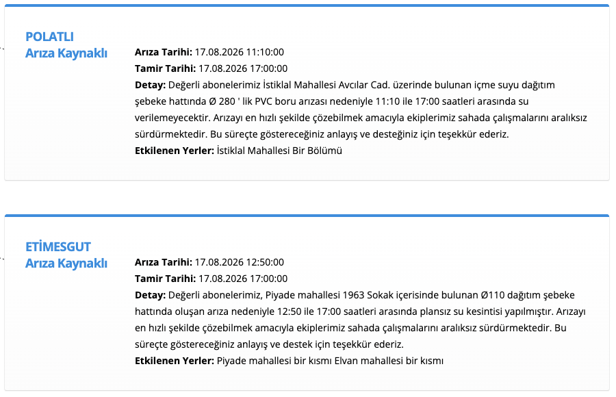 ASKİ su kesintisi 17 Ağustos! Ankara Çamlıdere, Beypazarı, Yenimahalle, Polatlı, Ayaş, Etimesgut su kesintisi listesi