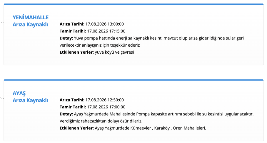 ASKİ su kesintisi 17 Ağustos! Ankara Çamlıdere, Beypazarı, Yenimahalle, Polatlı, Ayaş, Etimesgut su kesintisi listesi