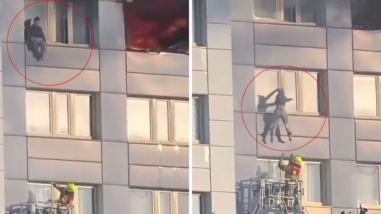 Berlin'de korku dolu anlar! İtfaiye merdiveni yetişmeyince sepete böyle atladı 
