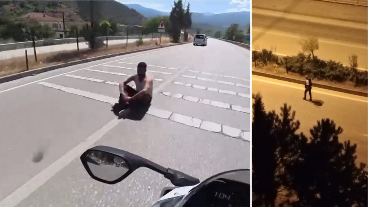 Karabük'te tehlikeli anlar! Biri yolda oturdu, diğeri yolun ortasında yürüdü