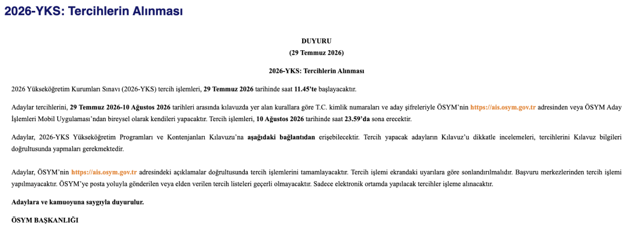 YKS tercih dönemi ne zaman bitiyor, yerleştirme sonuçları ne zaman açıklanır?