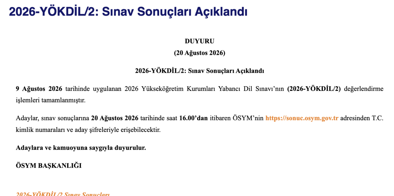 YÖKDİL/2 sonuçları açıklandı! ÖSYM YÖKDİL 2026 sonuç sorgulama ekranı