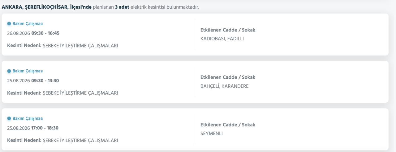 Ankara elektrik kesintisi 24-25 Ağustos Başkent Elektrik! Çankaya, Etimesgut, Sincan, Gölbaşında elektrikler ne zaman gelecek?