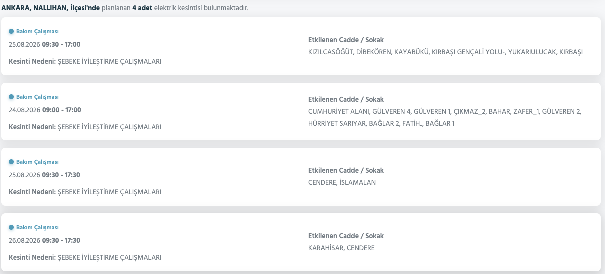 Ankara elektrik kesintisi 24-25 Ağustos Başkent Elektrik! Çankaya, Etimesgut, Sincan, Gölbaşında elektrikler ne zaman gelecek?