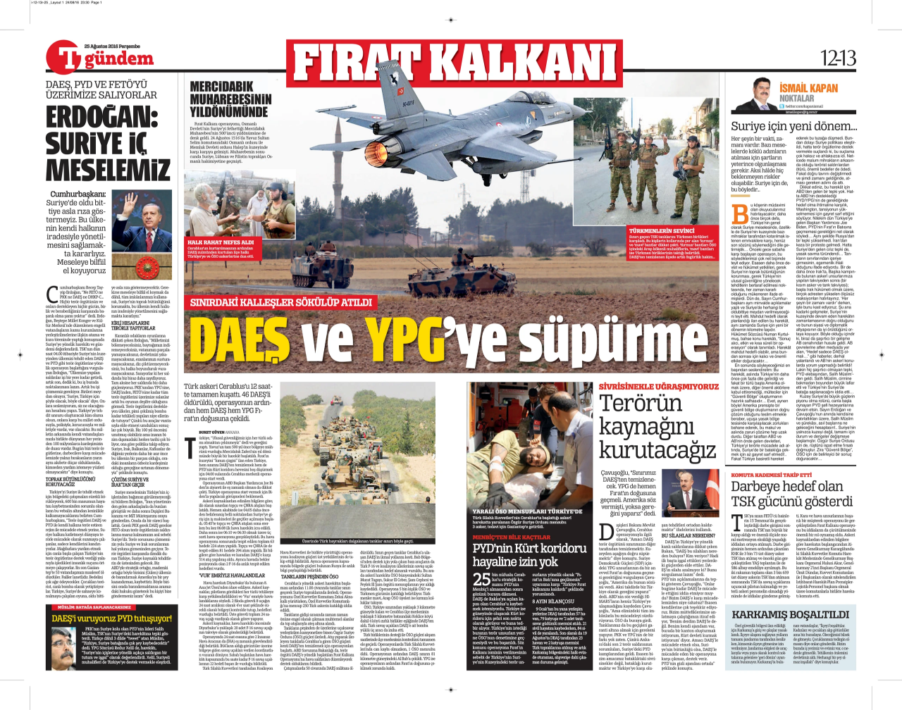 Fırat Kalkanı haberi - 24 Ağustos 2016 Türkiye gazetesi