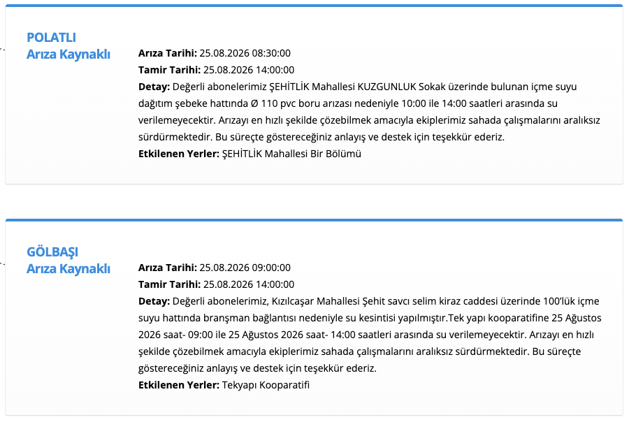 ASKİ su kesintisi 25 Ağustos! Ankara Gölbaşı, Polatlı, Yenimahalle ve Kazan'da sular ne zaman gelecek?