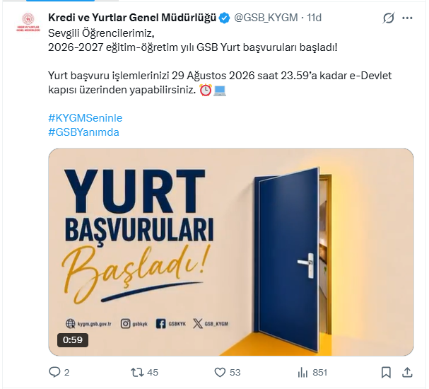 GSB duyurdu! KYK yurt başvuruları başladı (KYK 2026 yurt başvuru ekranı)