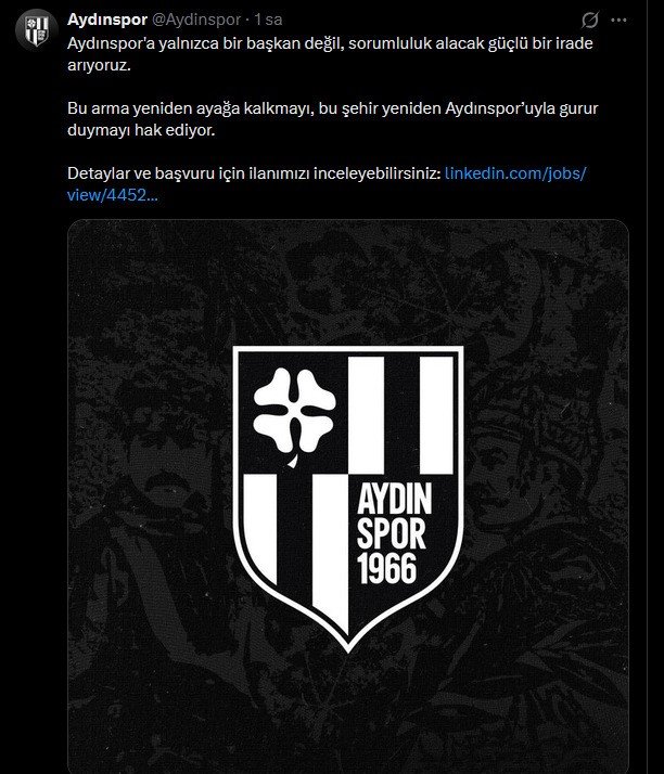 Aydınspor için verilen iş ilanı