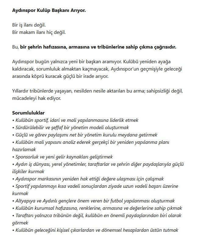 Kulüp başkanı için verilen ilanda "sorumluluklar" da sıralandı