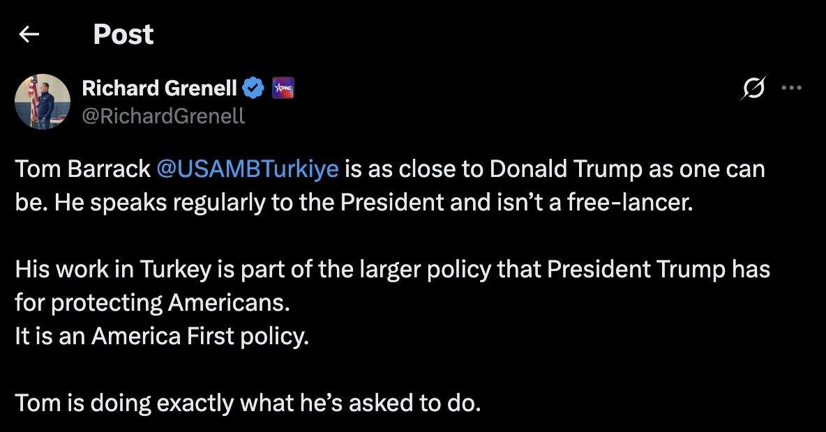 Trump yönetiminden lobilere Türkiye hatırlatması: "Barrack tüm adımları doğrudan Başkan'ın talimatıyla atıyor!"