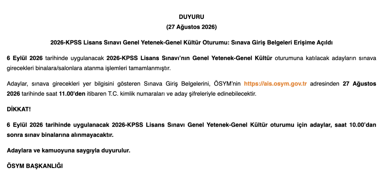 2026-KPSS Lisans sınav yerleri belli oldu! ÖSYM sınav giriş belgesi sorgulama ekranı