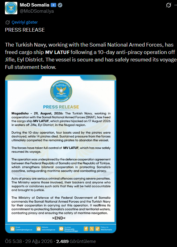 Afrika Boynuzu'nda Türk ordusu ile ortak operasyon! Somali duyurdu: MV Latuf gemisi kurtarıldı, 14 korsan öldürüldü