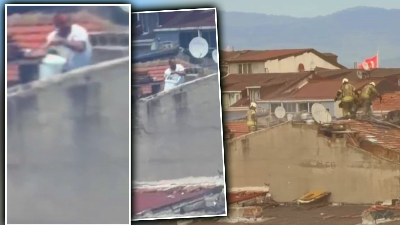 Kova su ile mücadele kamerada! Yangını gördü, söndürmek için çatıda mekik dokudu