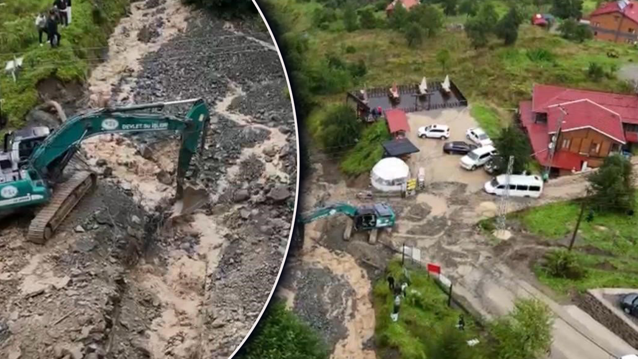 1 günde 2 taşkın! Uzungöl’de turistler dere kenarında mahsur kaldı