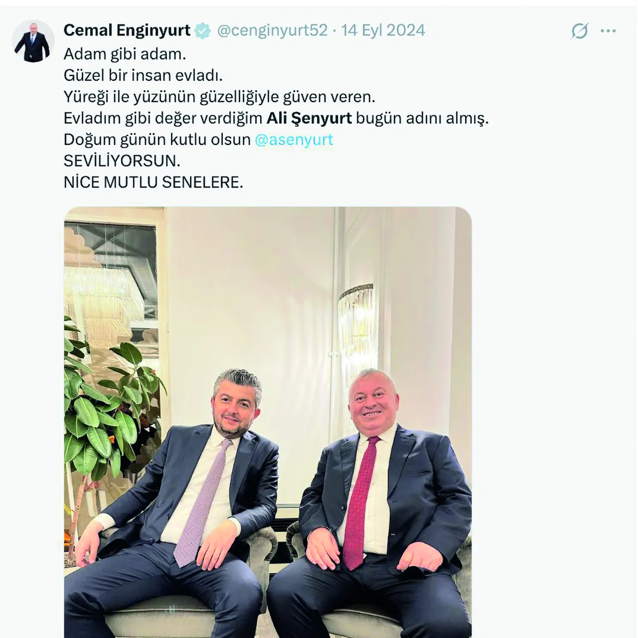 Cemal Enginyurt’un yaklaşık 7 yıl danışmanlığını yapan Ali Şenyurt'a ilişkin geçmiş dönemde yaptığı bir sosyal medya paylaşımı / Kaynak: X