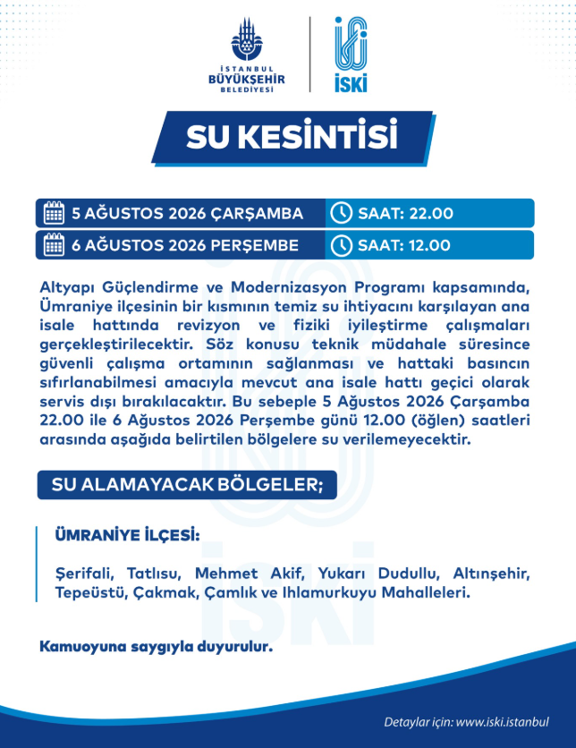 İSKİ İstanbul su kesintisi 5-6 Ağustos! İstanbulda sular ne zaman gelecek?