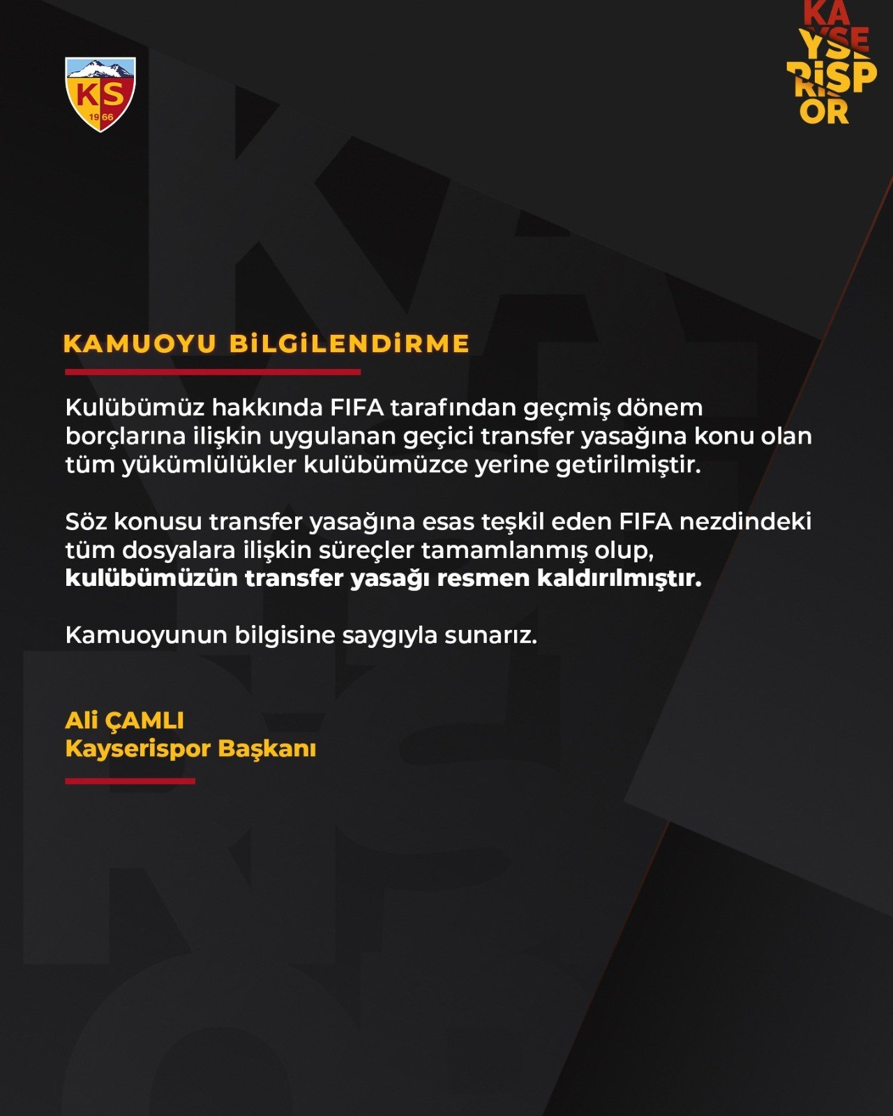 Kayserisporun transfer yasağı kalktı! Başkan Ali Çamlı duyurdu
