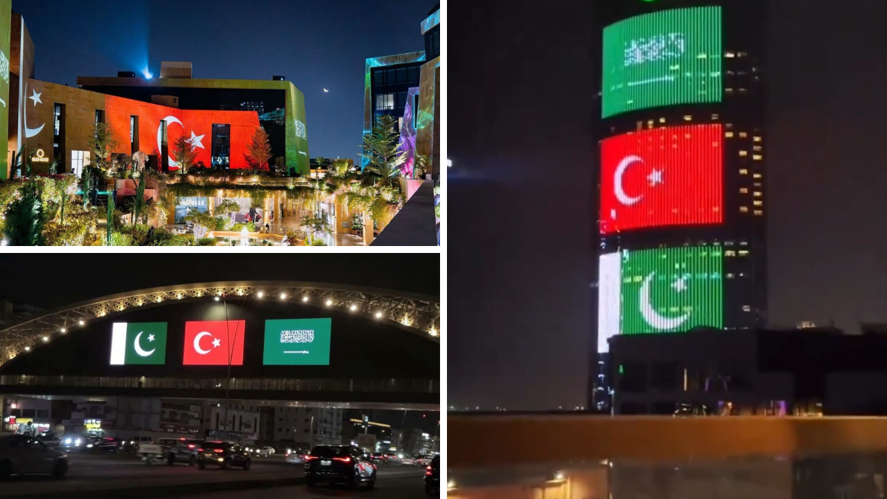 Suudi Arabistan'da üçlü dayanışma mesajı! Simge yapılar üç ülkenin renklerine büründü