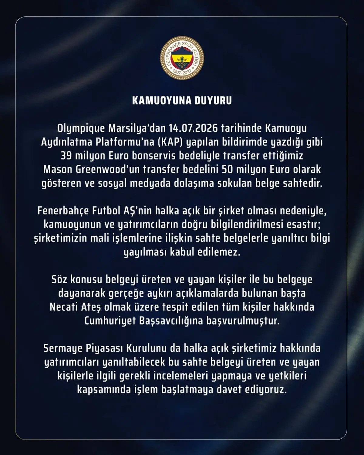 Fenerbahçe'den Greenwood açıklaması! 50 milyon euroluk belge için flaş hamle