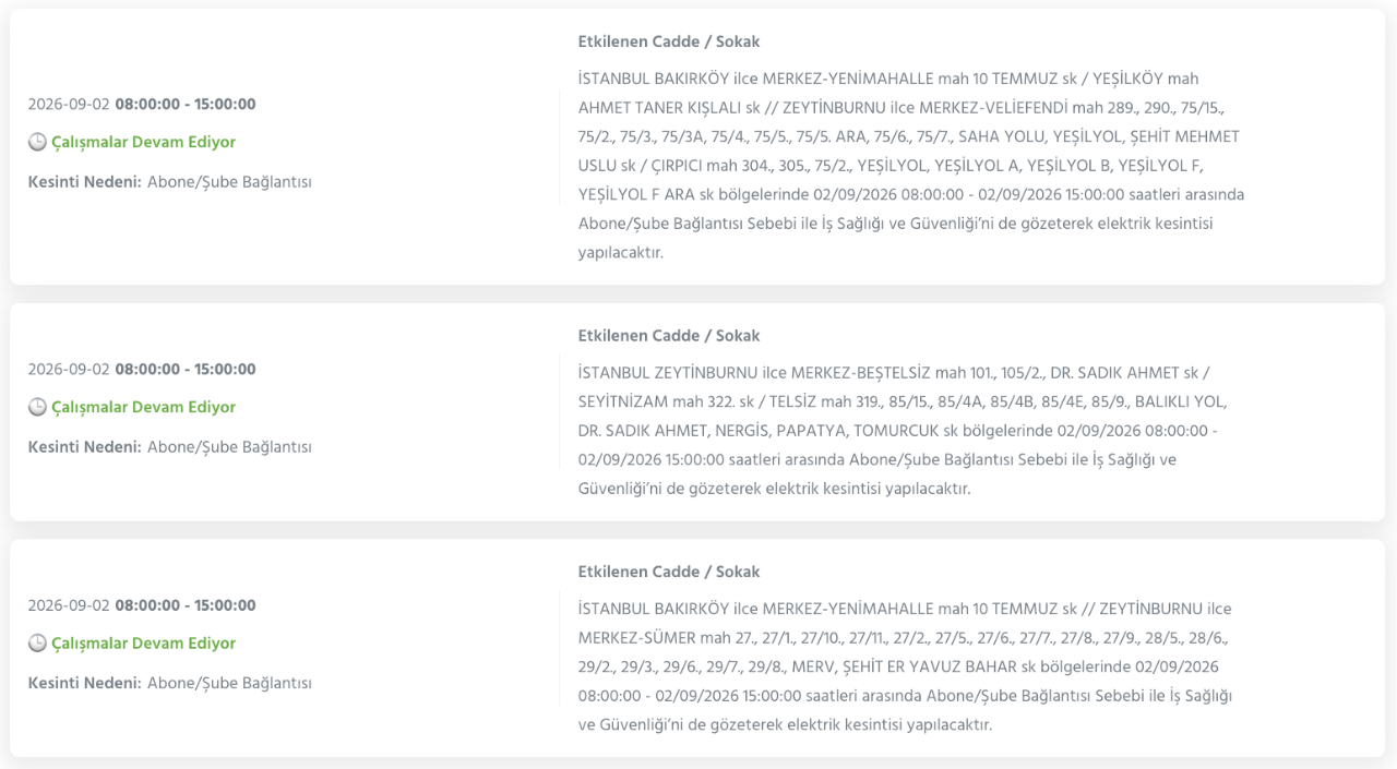 İstanbul elektrik kesintisi BEDAŞ 1-2 Eylül listesi (Bağcılar, Başakşehir, Esenyurt, Silivri, Sultangazi, Zeytinburnu)