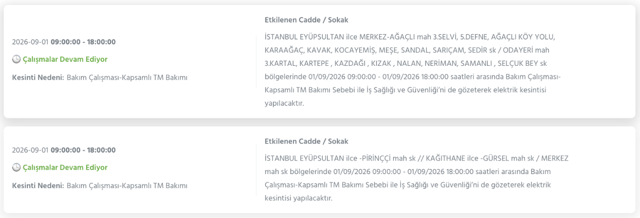 İstanbul elektrik kesintisi BEDAŞ 1-2 Eylül listesi (Bağcılar, Başakşehir, Esenyurt, Silivri, Sultangazi, Zeytinburnu)