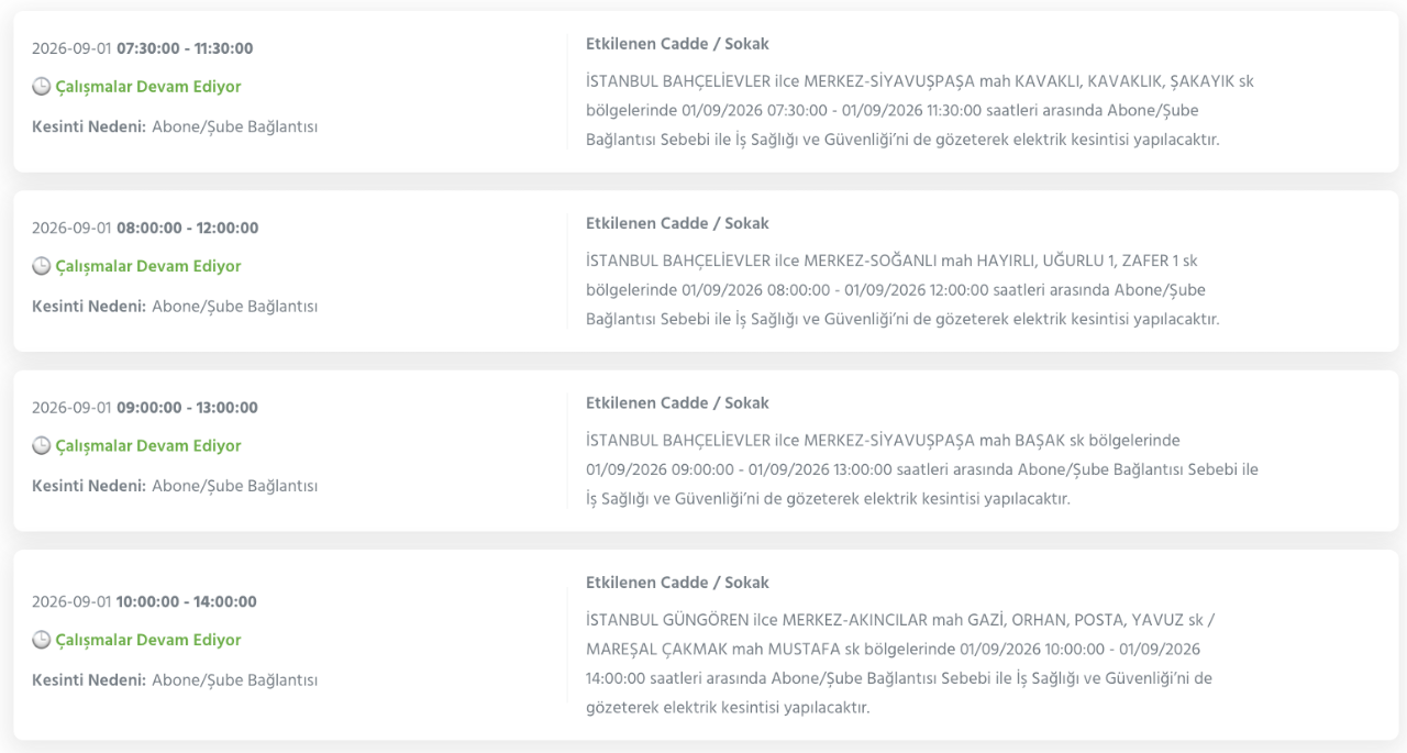 İstanbul elektrik kesintisi BEDAŞ 1-2 Eylül listesi (Bağcılar, Başakşehir, Esenyurt, Silivri, Sultangazi, Zeytinburnu)