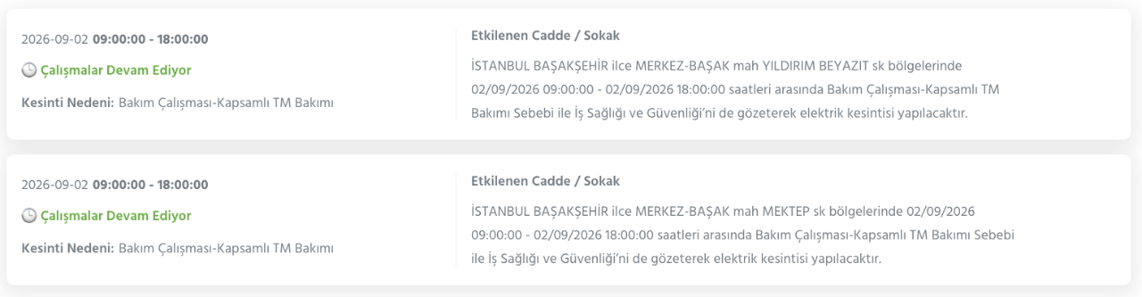 İstanbul elektrik kesintisi BEDAŞ 1-2 Eylül listesi (Bağcılar, Başakşehir, Esenyurt, Silivri, Sultangazi, Zeytinburnu)