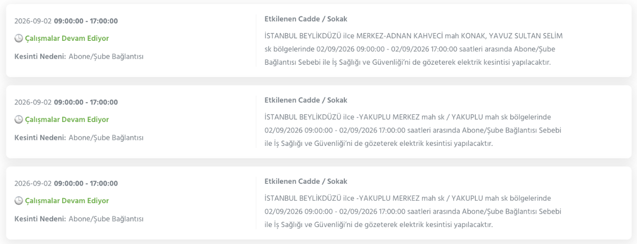 İstanbul elektrik kesintisi BEDAŞ 1-2 Eylül listesi (Bağcılar, Başakşehir, Esenyurt, Silivri, Sultangazi, Zeytinburnu)
