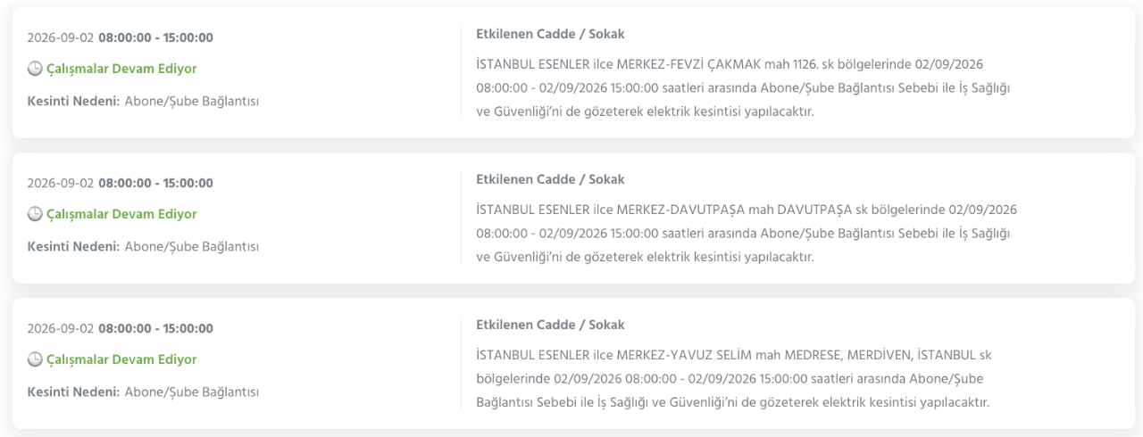 İstanbul elektrik kesintisi BEDAŞ 1-2 Eylül listesi (Bağcılar, Başakşehir, Esenyurt, Silivri, Sultangazi, Zeytinburnu)