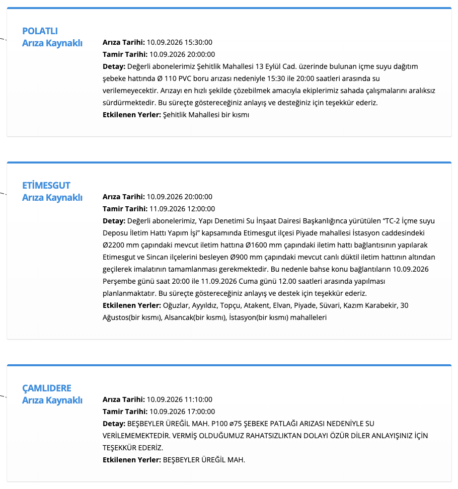 Ankara ASKİ su kesintisi 10-11 Eylül programı (Polatlı, Etimesgut, Çamlıdere, Sincan, Mamak)