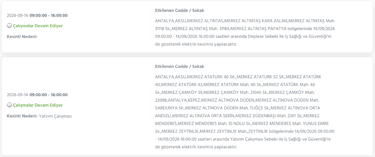 Antalya elektrik kesintisi 14-15-16-17 Eylül (AEDAŞ Konyaaltı, Alanya, Muratpaşa, Kepez, Aksu, Manavgat, Korkuteli, Serik planlı kesinti)