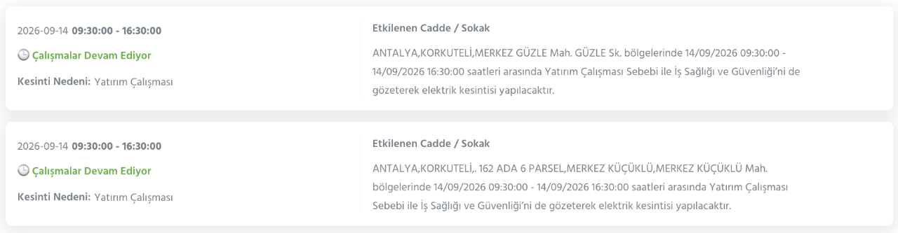Antalya elektrik kesintisi 14-15-16-17 Eylül (AEDAŞ Konyaaltı, Alanya, Muratpaşa, Kepez, Aksu, Manavgat, Korkuteli, Serik planlı kesinti)