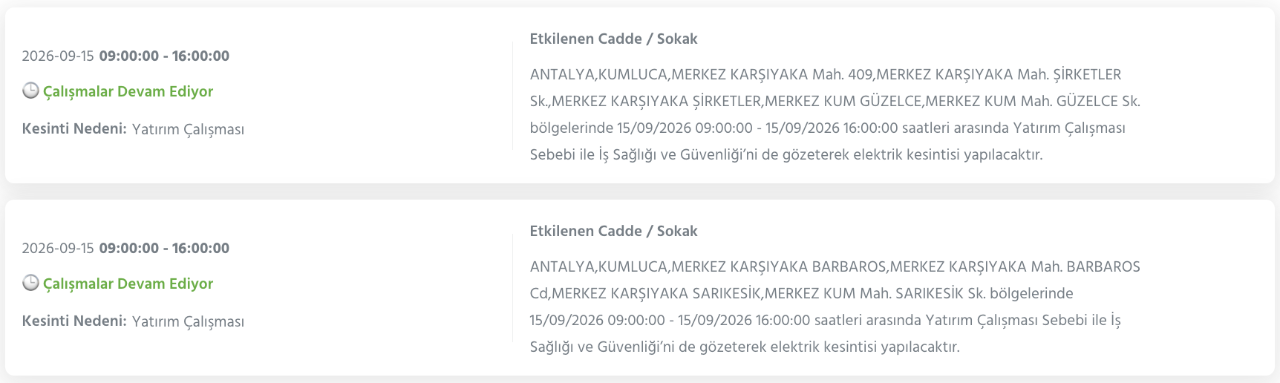 Antalya elektrik kesintisi 14-15-16-17 Eylül (AEDAŞ Konyaaltı, Alanya, Muratpaşa, Kepez, Aksu, Manavgat, Korkuteli, Serik planlı kesinti)