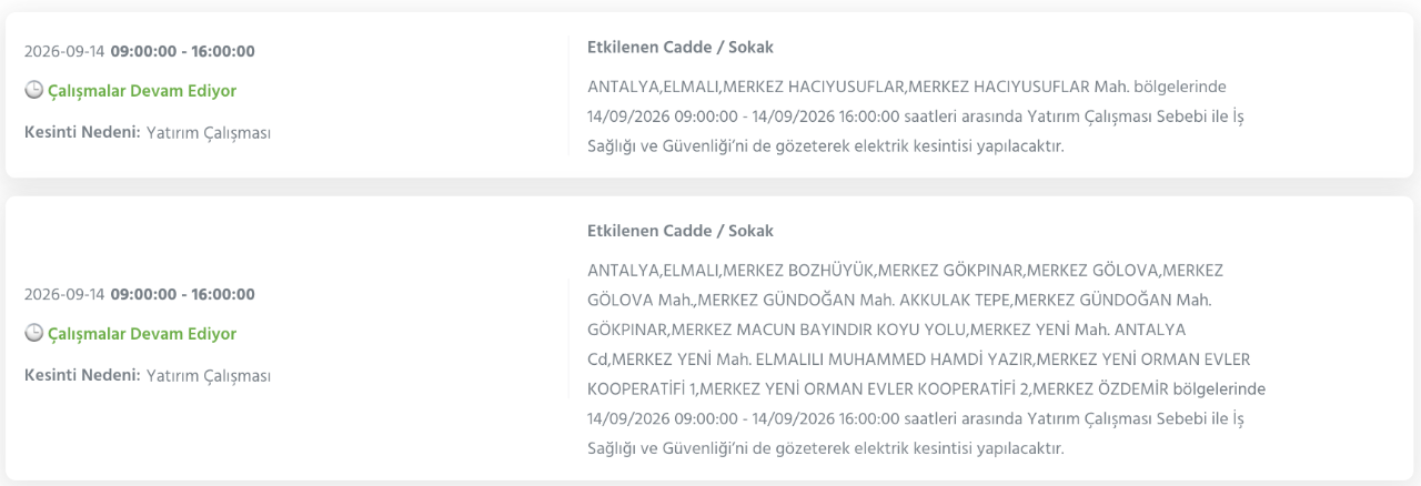 Antalya elektrik kesintisi 14-15-16-17 Eylül (AEDAŞ Konyaaltı, Alanya, Muratpaşa, Kepez, Aksu, Manavgat, Korkuteli, Serik planlı kesinti)