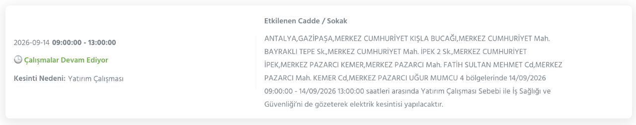 Antalya elektrik kesintisi 14-15-16-17 Eylül (AEDAŞ Konyaaltı, Alanya, Muratpaşa, Kepez, Aksu, Manavgat, Korkuteli, Serik planlı kesinti)