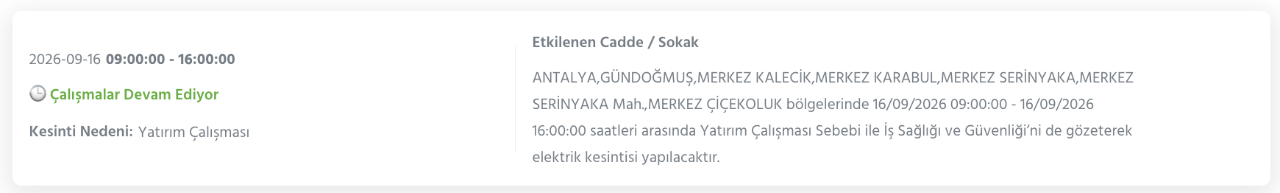 Antalya elektrik kesintisi 14-15-16-17 Eylül (AEDAŞ Konyaaltı, Alanya, Muratpaşa, Kepez, Aksu, Manavgat, Korkuteli, Serik planlı kesinti)