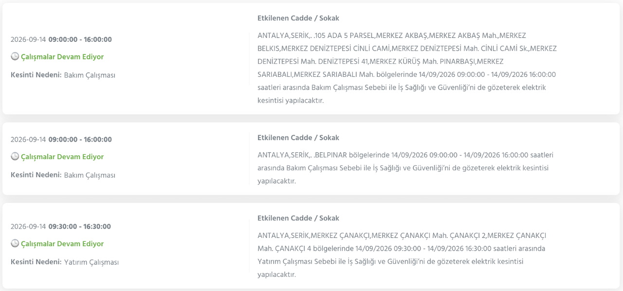 Antalya elektrik kesintisi 14-15-16-17 Eylül (AEDAŞ Konyaaltı, Alanya, Muratpaşa, Kepez, Aksu, Manavgat, Korkuteli, Serik planlı kesinti)