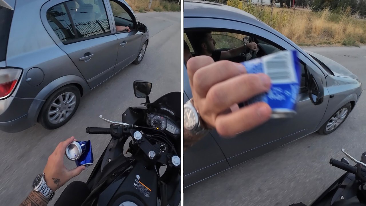 Yola attıkları çöpü aracın içine fırlattı! Motosikletli gençten sert tepki