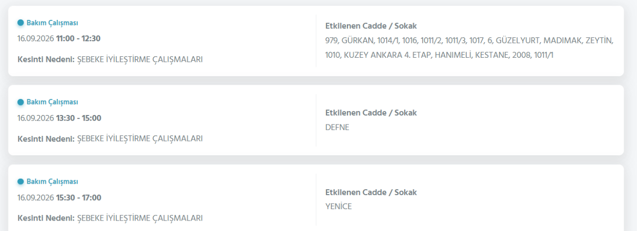 Ankara elektrik kesintisi 16-17 Eylül programı ve kesinti yaşanacak ilçeler
