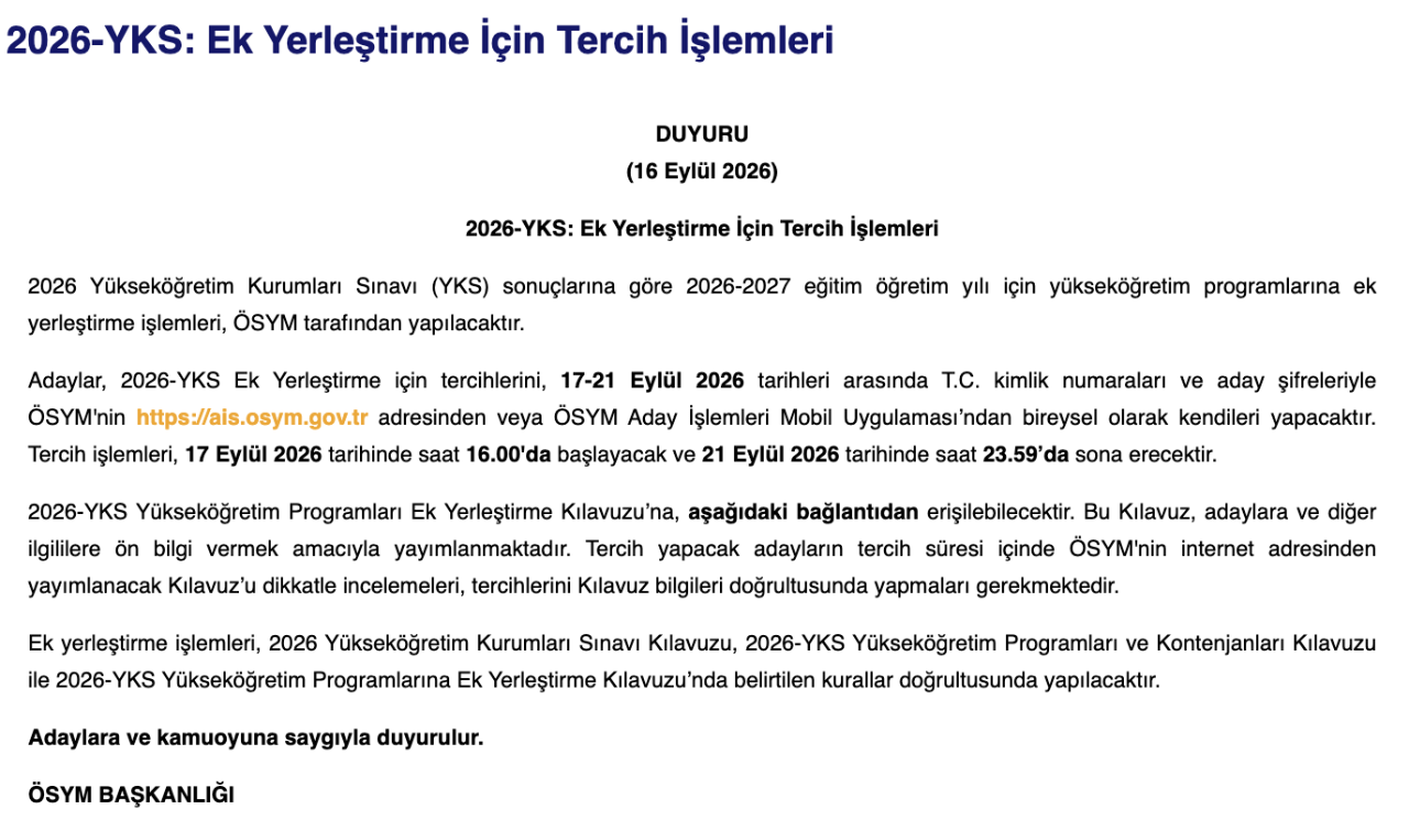 YKS ek yerleştirme tercih tarihleri açıklandı! 2026-YKS ek yerleştirme tercih ekranı