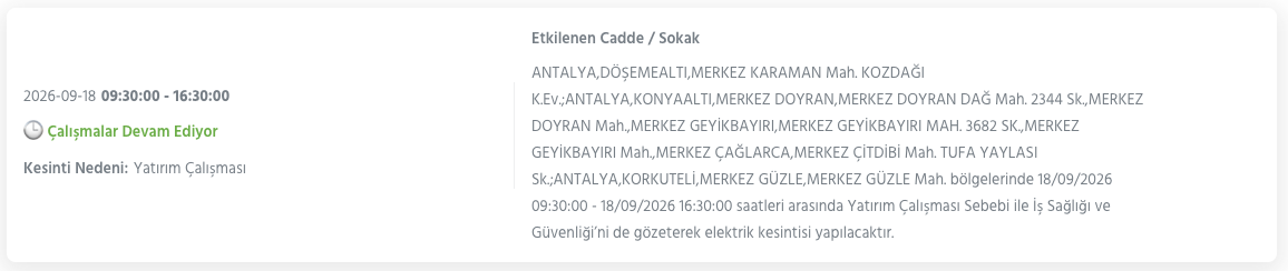 Antalya Elektrik Kesintisi 18-19-20 Eylül AEDAŞ (Kepez, Alanya, Manavgat, Serik, Döşemealtı, Kaş, Korkuteli, Kumluca, Aksu, Elmalı, Kemer, Konyaaltı, Akseki, Finike, Muratpaşa)