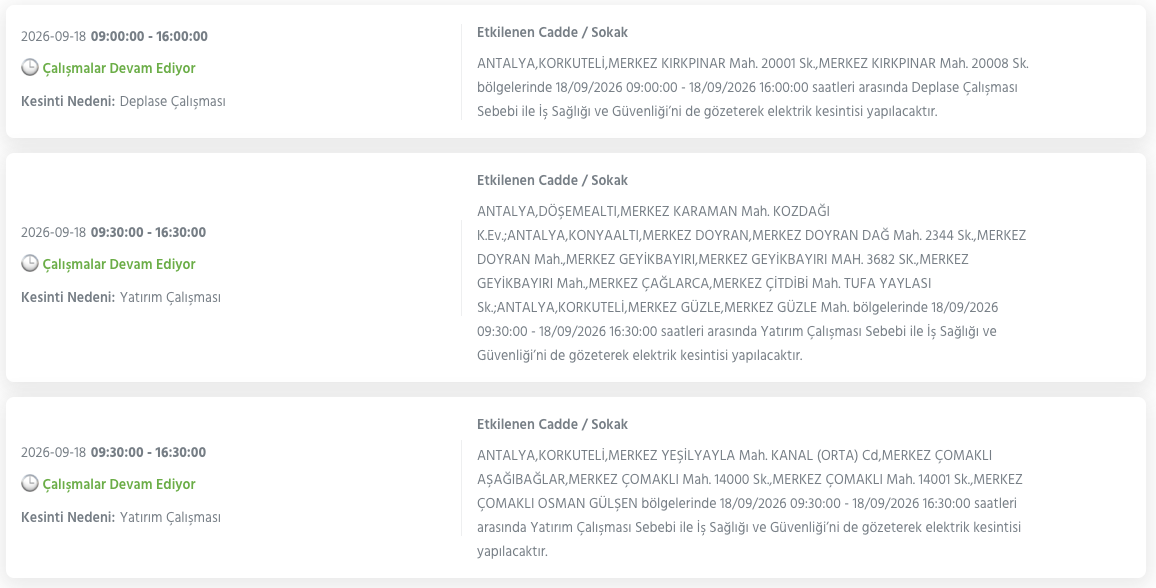 Antalya Elektrik Kesintisi 18-19-20 Eylül AEDAŞ (Kepez, Alanya, Manavgat, Serik, Döşemealtı, Kaş, Korkuteli, Kumluca, Aksu, Elmalı, Kemer, Konyaaltı, Akseki, Finike, Muratpaşa)