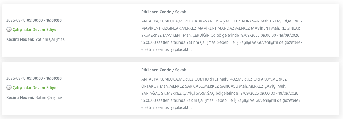 Antalya Elektrik Kesintisi 18-19-20 Eylül AEDAŞ (Kepez, Alanya, Manavgat, Serik, Döşemealtı, Kaş, Korkuteli, Kumluca, Aksu, Elmalı, Kemer, Konyaaltı, Akseki, Finike, Muratpaşa)