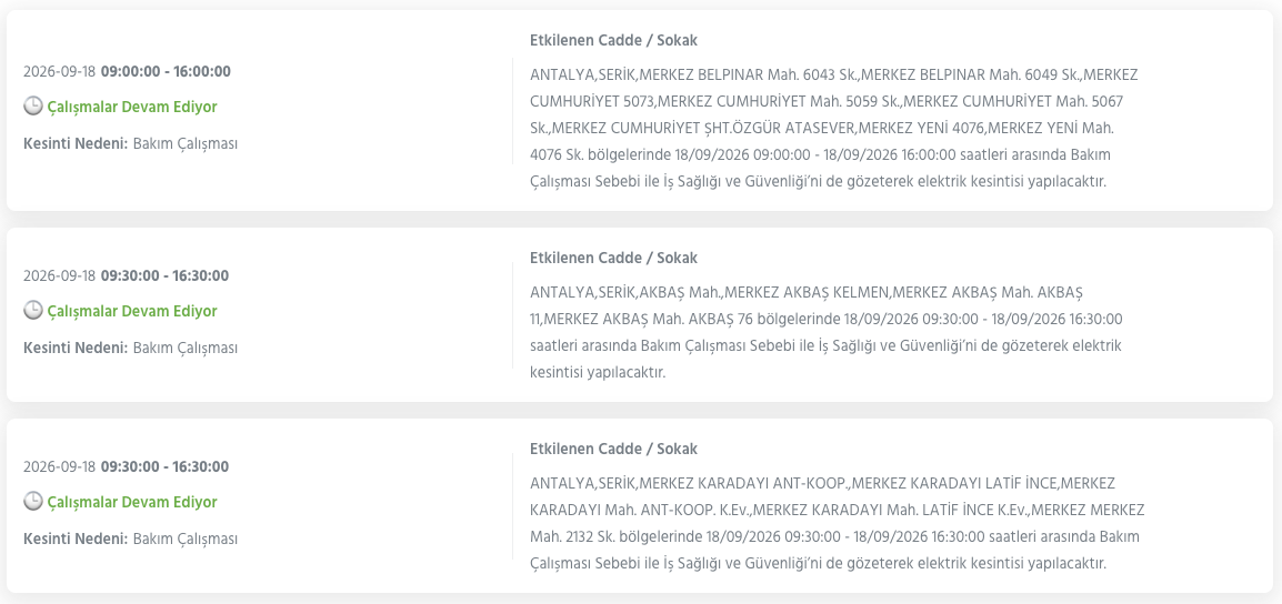 Antalya Elektrik Kesintisi 18-19-20 Eylül AEDAŞ (Kepez, Alanya, Manavgat, Serik, Döşemealtı, Kaş, Korkuteli, Kumluca, Aksu, Elmalı, Kemer, Konyaaltı, Akseki, Finike, Muratpaşa)